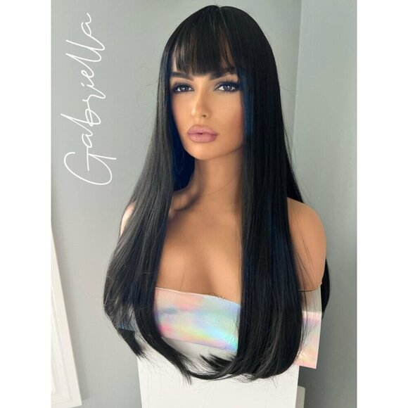 Long Black 24 inch Silky Straight Synthetic Wig with Bangs - Picture 3 of 5